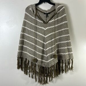 BCBG Maxazria  Brown/ Cream Hooded Pom pom Poncho Cape Jacket Women’s S/ M
